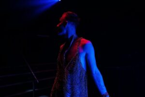 Woman in Blue Sleeveless Dress Standing on Stage