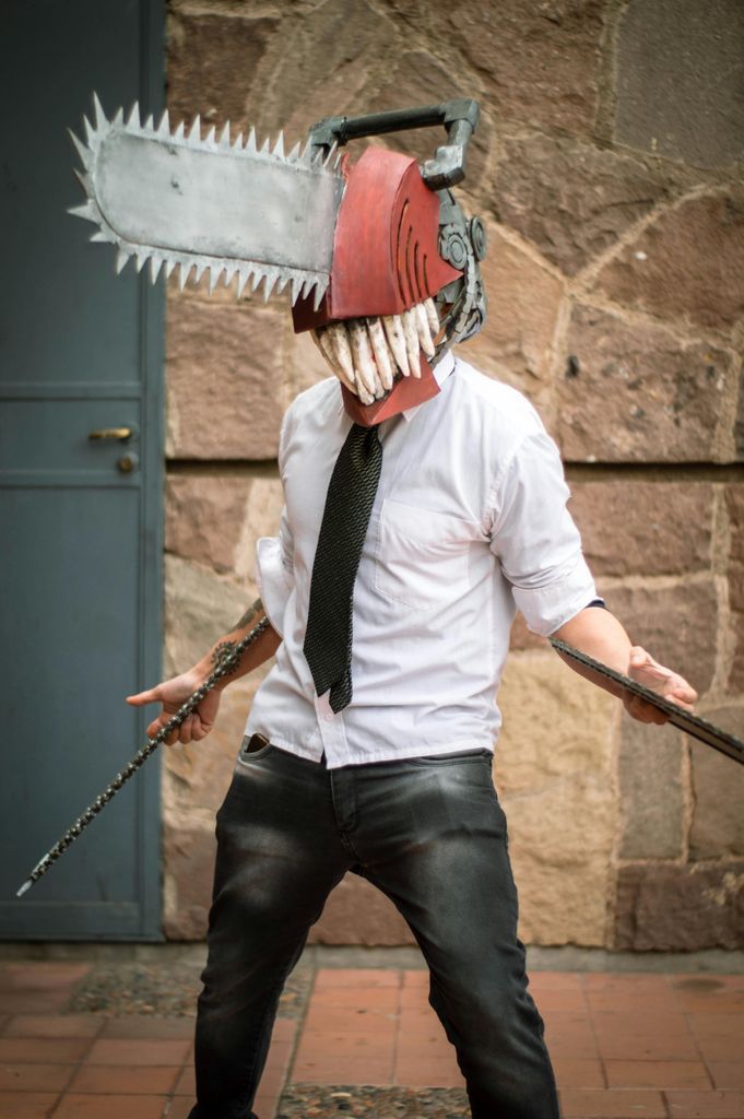 Man Wearing a Chainsaw Costume